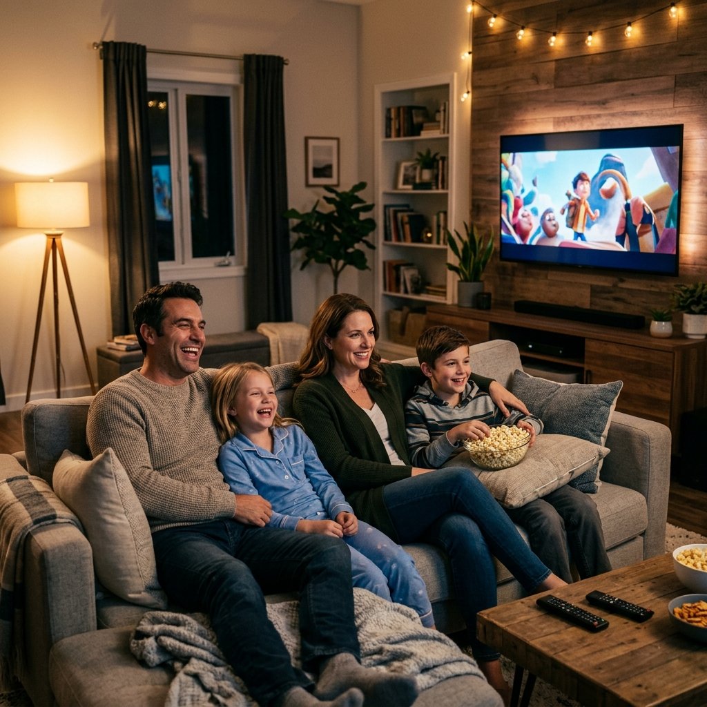 Família unida assistindo tv na sala de estar durante o teste iptv 7 dias