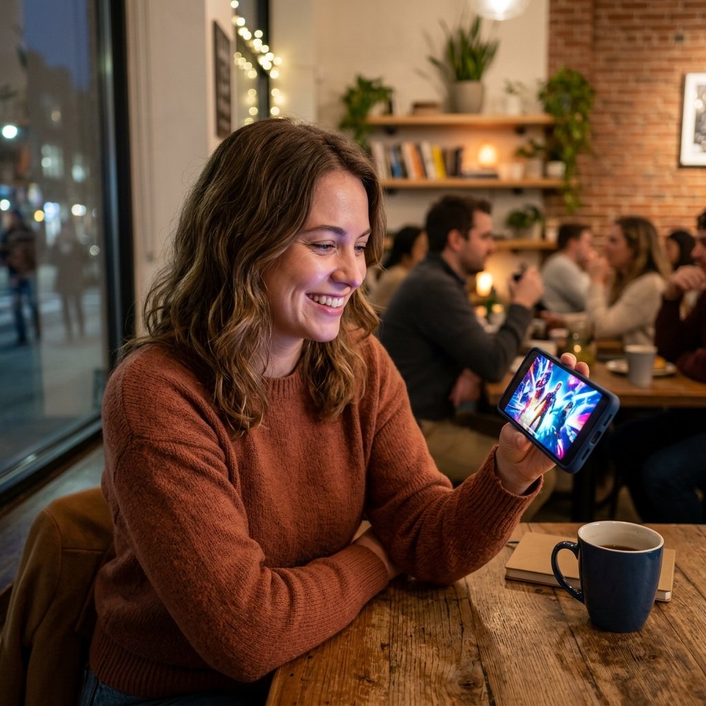 Usuário satisfeito consumindo filmes no celular durante os 7 dias de avaliação